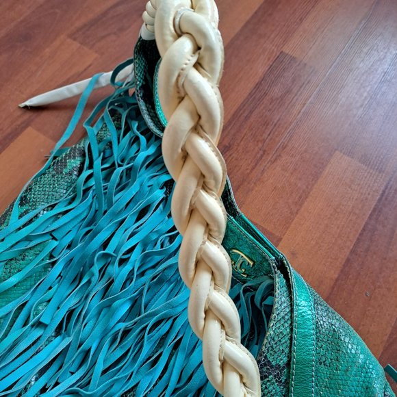 Just Cavalli Women's Python Snake Leather Green/Blue Shoulder Bag - Picture 10 of 16